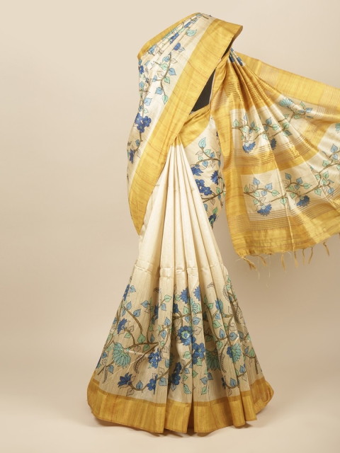 

Pothys Cream-Coloured & Yellow Floral Jute Silk Saree