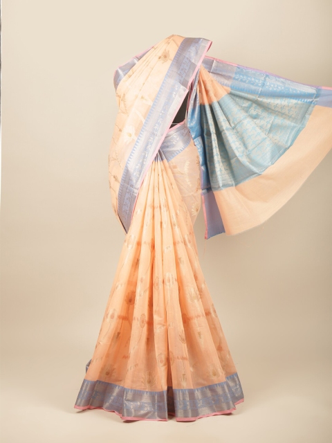 

Pothys Peach-Coloured & Blue Floral Zari Saree