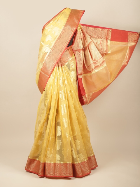 

Pothys Woman Yellow & Red Ethnic Motifs Zari Tissue Saree