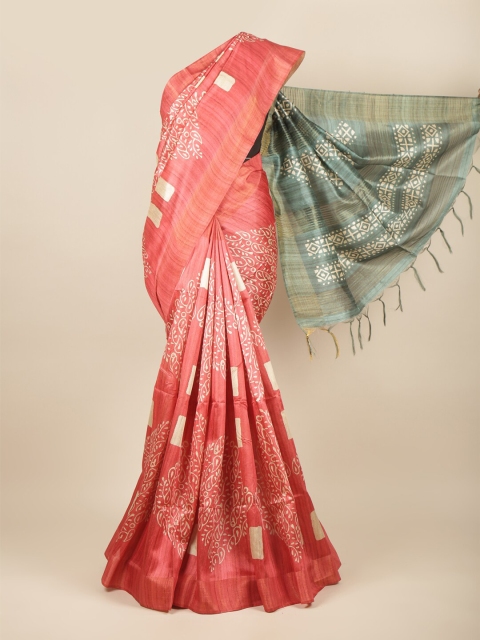 

Pothys Peach-Coloured & Green Ethnic Motifs Printed Jute Silk Saree