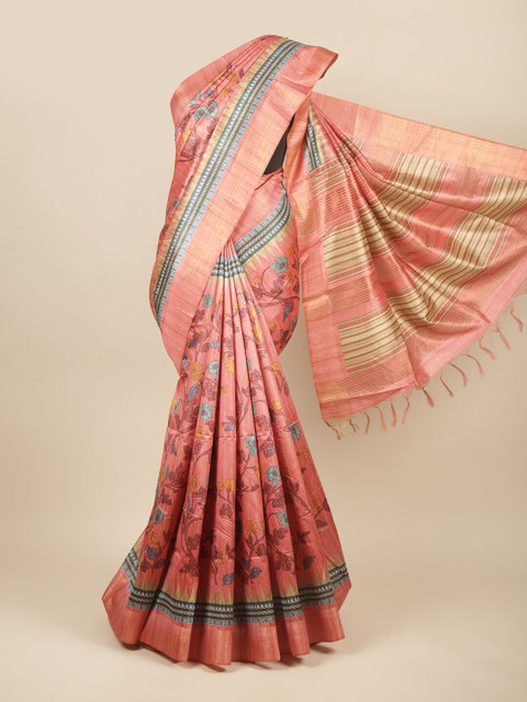 

Pothys Pink & Blue Floral Jute Silk Saree
