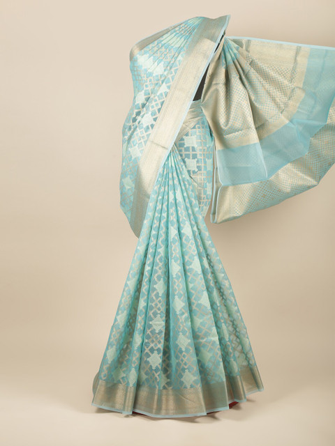 

Pothys Blue & Gold-Toned Woven Design Zari Tissue Saree