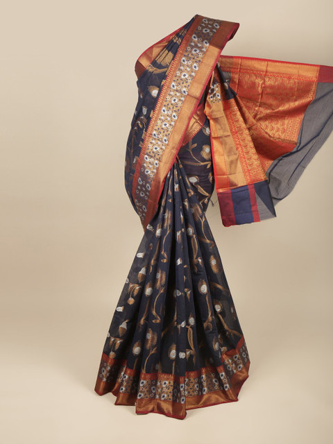 

Pothys Blue & Rust Floral Woven Design Zari Saree