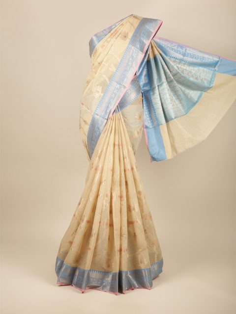 

Pothys Cream-Coloured & Blue Ethnic Motifs Zari Saree