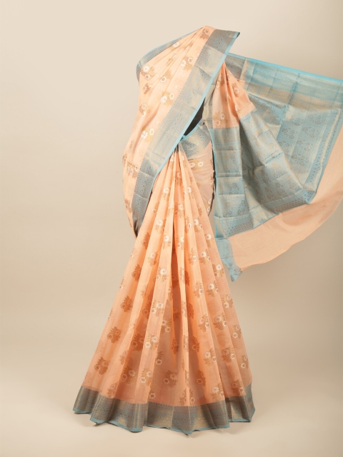 

Pothys Peach-Coloured & Blue Floral Zari Saree