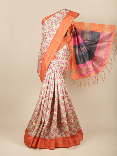

Pothys Cream-Coloured & Orange Floral Jute Silk Saree