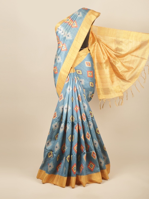 

Pothys Blue & Yellow Printed Jute Silk Saree
