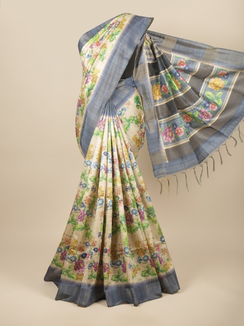 

Pothys Cream-Coloured & Grey Floral Jute Silk Saree