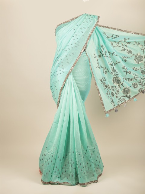 

Pothys Turquoise Blue & Grey Floral Embroidered Saree