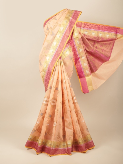 

Pothys Peach-Coloured & Gold-Toned Floral Zari Saree