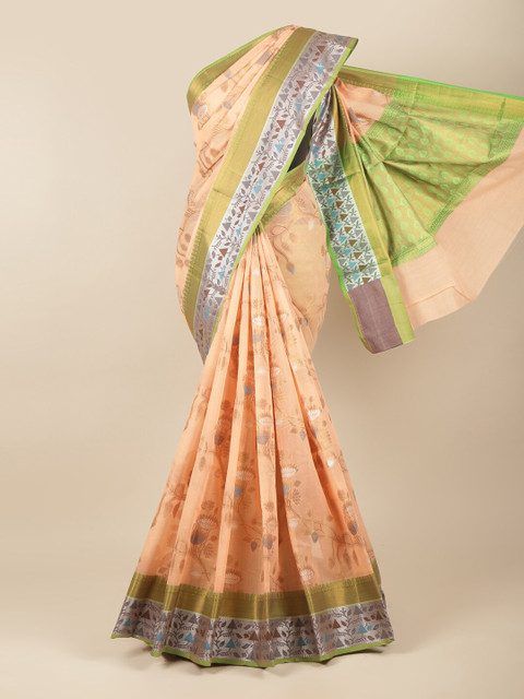 

Pothys Peach-Coloured & Green Woven Design Zari Saree