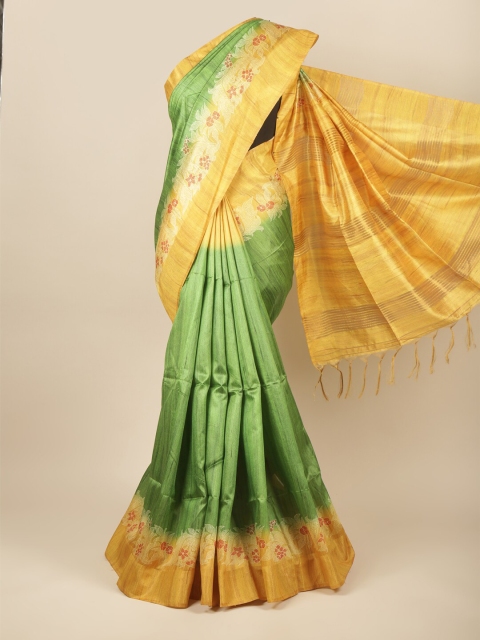

Pothys Green & Yellow Floral Jute Silk Saree