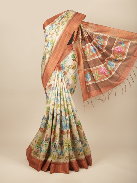 

Pothys Cream-Coloured & Blue Floral Jute Silk Saree