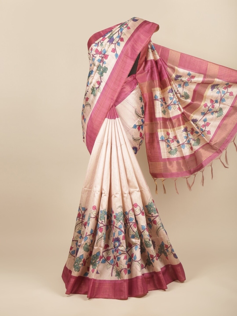 

Pothys Pink Floral Printed Jute Silk Saree