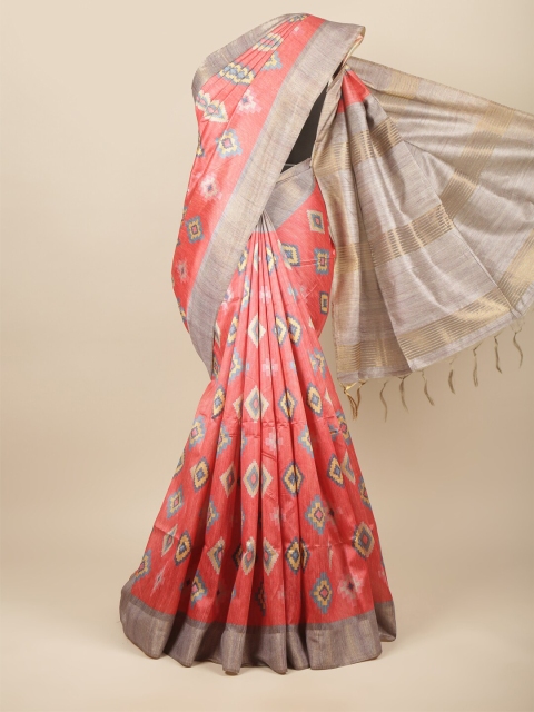 

Pothys Red & Khaki Ethnic Motifs Zari Jute Silk Saree