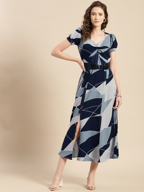 

WoowZerz Women Grey & Blue Geometric Printed Side Slit Midi Dress with a Belt