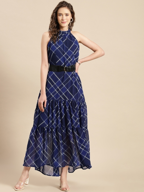 

WoowZerz Blue & White Halter Neck Georgette A-Line Maxi Dress