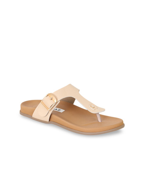 

Zyla Women Cream-Coloured T-Strap Flats with Buckles