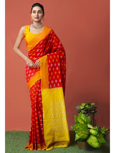 

Unnati Silks Red & Yellow Pure Cotton Pochampally Saree