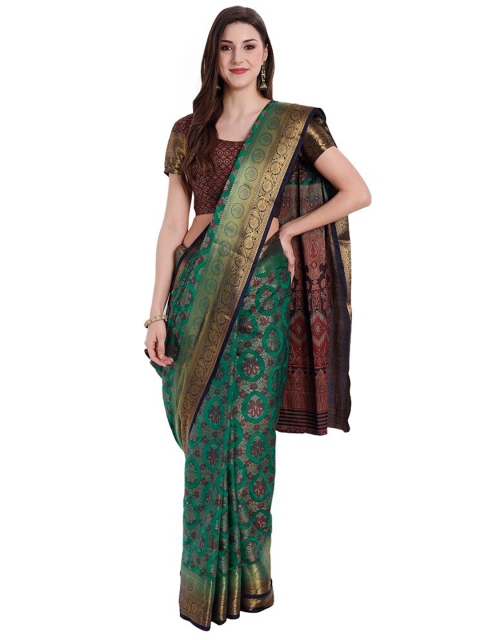 

PERFECTBLUE Teal & Navy Blue Woven Design Zari Art Silk Kanjeevaram Saree