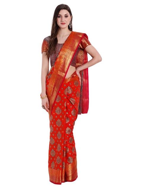 

PERFECTBLUE Red & Gold-Toned Woven Design Zari Art Silk Kanjeevaram Saree