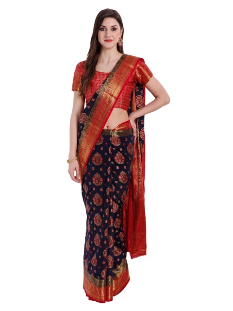 

PERFECTBLUE Women Navy Blue Woven Design Kanjivaram Silk Saree