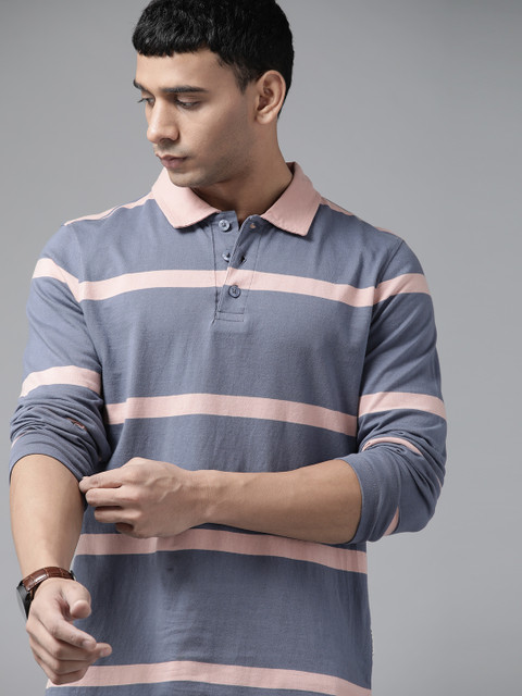 

Roadster Men Grey & Beige Pure Cotton Striped Polo Collar T-shirt