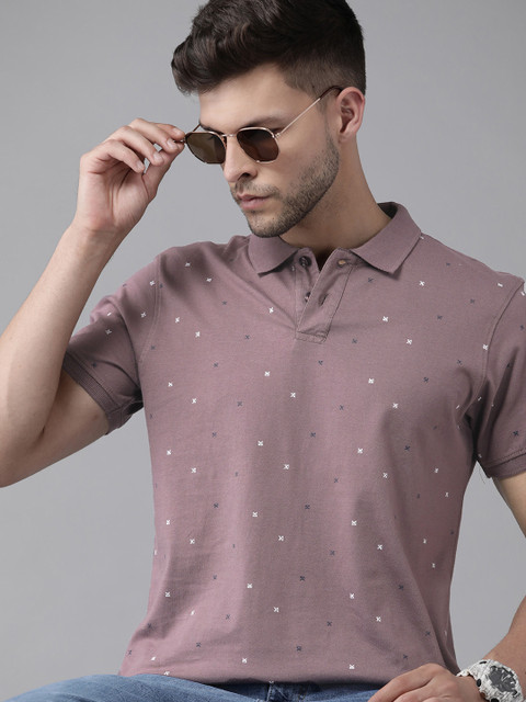 

Roadster Men Mauve & White Printed Polo Collar Pure Cotton T-shirt