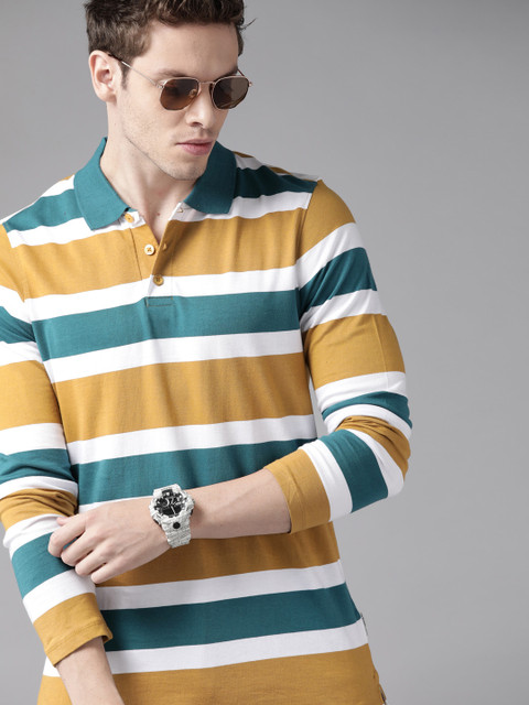 

Roadster Men Mustard Yellow & Teal Blue Striped Polo Collar Pure Cotton T-shirt