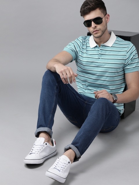 

Roadster Men Blue & Black Striped Polo Collar T-shirt
