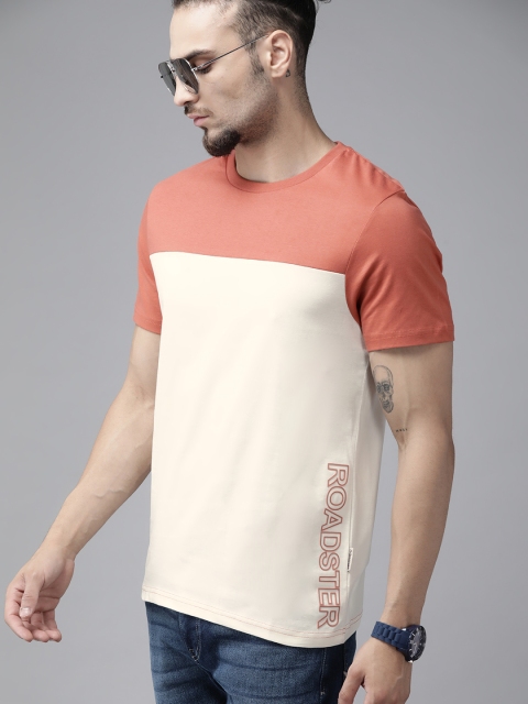 

Roadster Men Rust Orange & Off White Colourblocked Pure Cotton T-shirt