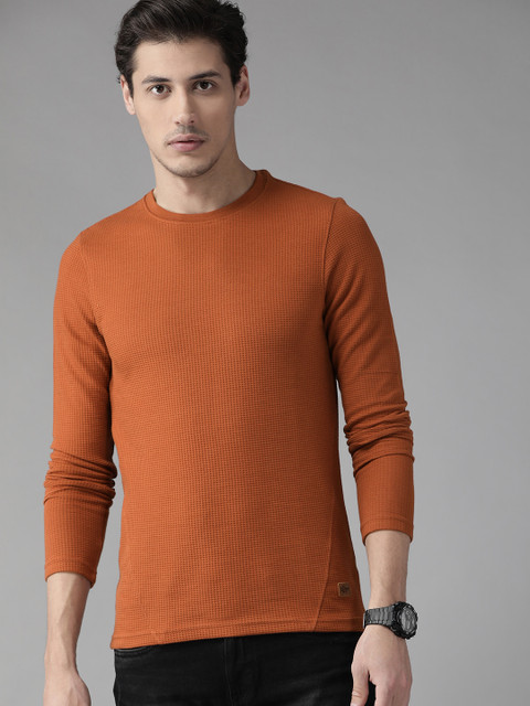 

The Roadster Lifestyle Co Men Rust Orange Waffle Texture T-shirt