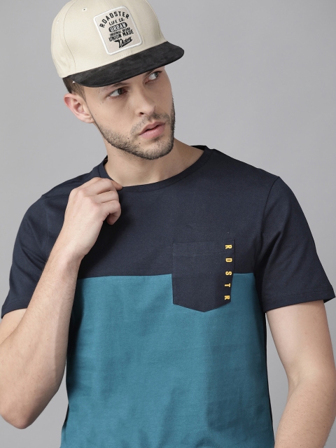 

Roadster Men Teal Blue Colourblocked Pure Cotton T-shirt