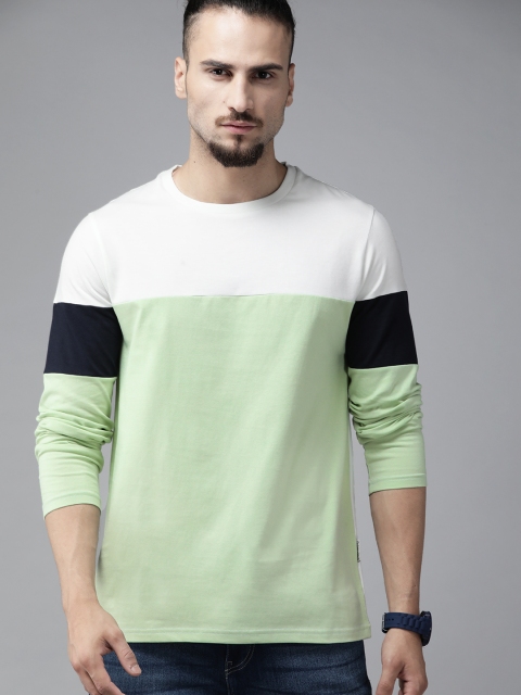 

Roadster Men Lime Green & White Colourblocked Pure Cotton T-shirt
