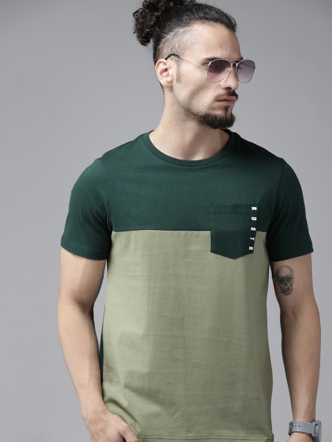 

Roadster Men Green Colourblocked Pure Cotton T-shirt