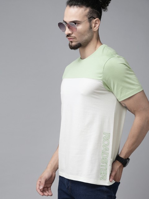 

Roadster Men Green & White Colourblocked Pure Cotton T-shirt