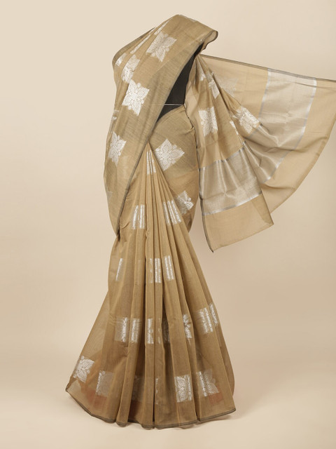 

Pothys Tan & Silver-Toned Floral Woven Design Zari Saree