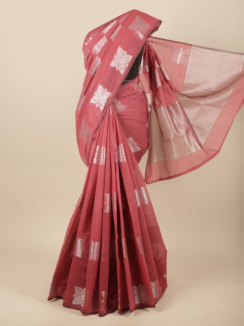 

Pothys Pink & Silver-Toned Woven Design Zari Cotton Blend Saree