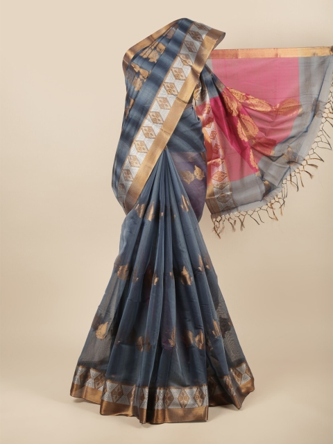 

Pothys Blue & Gold-Toned Ethnic Motifs Woven Design Zari Saree