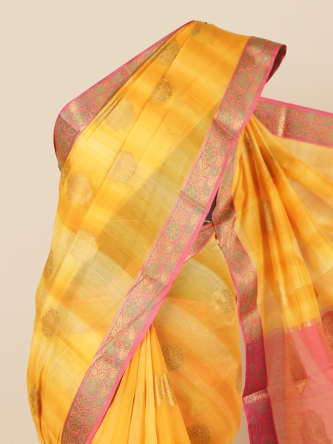 

Pothys Yellow & Pink Floral Zar Cotton Blendi Saree