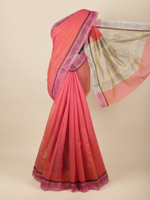 

Pothys Pink & Peach Solid Cotton Blend Saree
