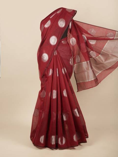

Pothys Red & Silver-Toned Woven Design Zari Cotton Blend Saree