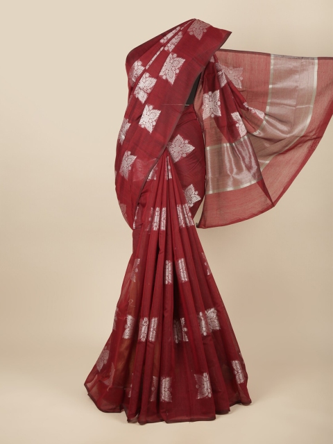 

Pothys Maroon & Silver-Toned Ethnic Motifs Zari Cotton Blend Saree
