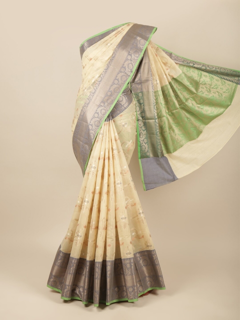 

Pothys Cream-Coloured & Green Floral Zari Pure Cotton Saree