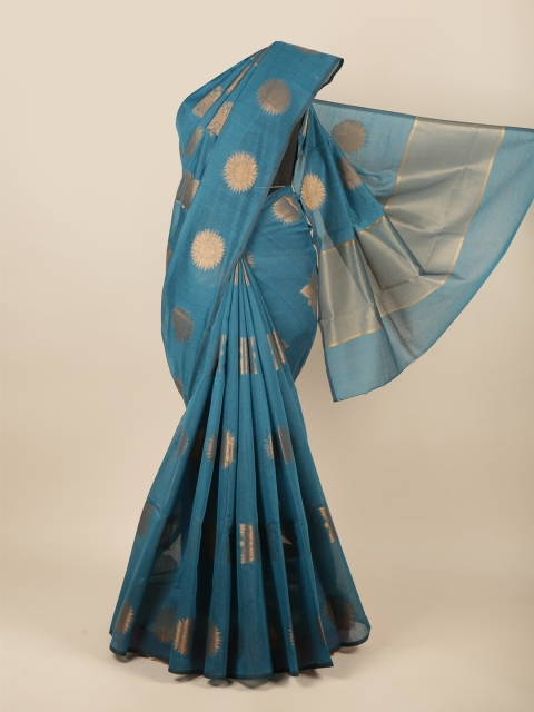 

Pothys Blue & Gold-Toned Ethnic Motifs Zari Cotton Blend Saree