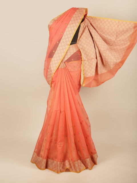 

Pothys Peach-Coloured Floral Embroidered Cotton Blend Saree