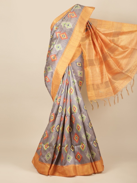 

Pothys Grey & Orange Printed Zari Cotton Blend Saree