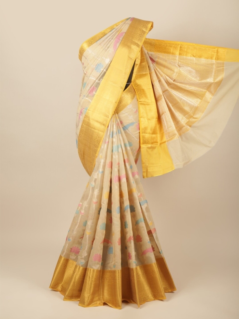 

Pothys Cream-Coloured & Gold-Toned Floral Zari Pure Cotton Saree
