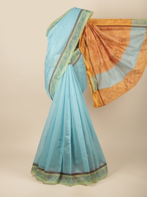 

Pothys Blue & Orange Solid Cotton Blend Saree