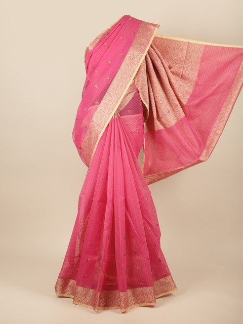 

Pothys Pink & Gold-Toned Ethnic Motifs Embroidered Manipuri Cotton Saree
